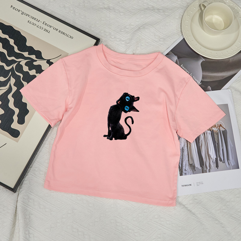 Casual Black Cat Graphic Round Neck Print Baby Tee - Pink - XL - image 3