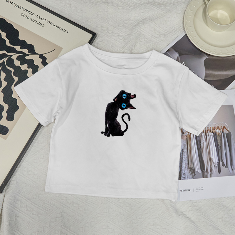 Casual Black Cat Graphic Round Neck Print Baby Tee - White - XL - image 1