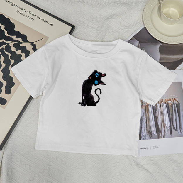 Casual Black Cat Graphic Round Neck Print Baby Tee - White - XL - image 1
