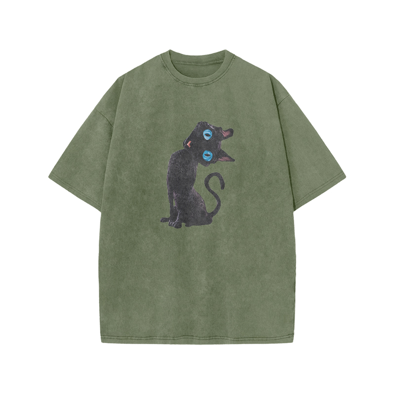 Vintage Black Cat Graphic Acid Washed T Shirt - Army Green - US20-22(3XL) - image 2