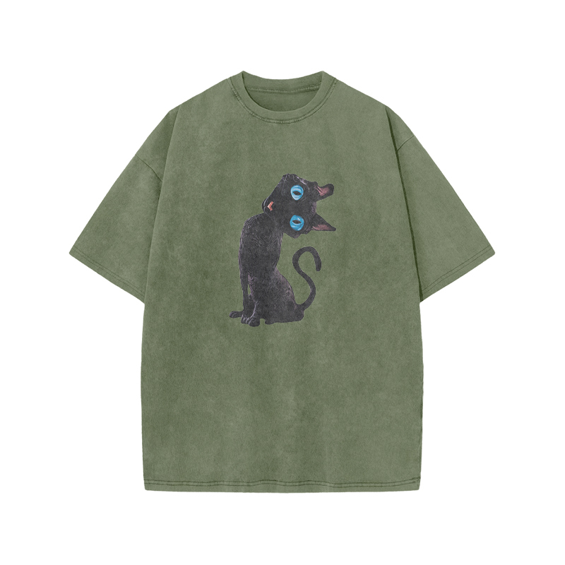 Vintage Black Cat Graphic Acid Washed T Shirt - Army Green - US20-22(3XL) - image 2