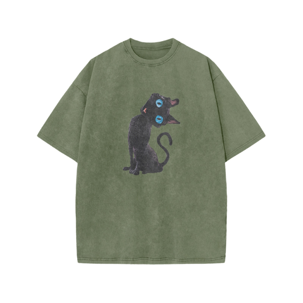 Vintage Black Cat Graphic Acid Washed T Shirt - Army Green - US20-22(3XL) - image 2