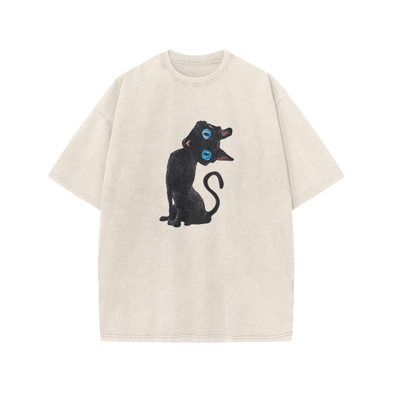 Vintage Black Cat Graphic Acid Washed T Shirt - Beige - US20-22(3XL) - image 1