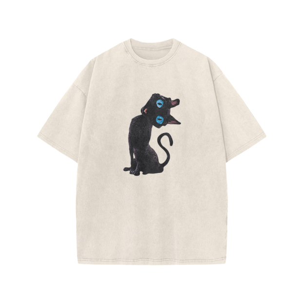 Vintage Black Cat Graphic Acid Washed T Shirt - Beige - US20-22(3XL) - image 1