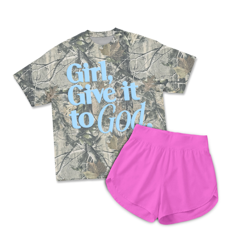 Casual Camo Girl Give It To God Print T-Shirt & Short Two Piece Set - Rose - 2XL - image 4