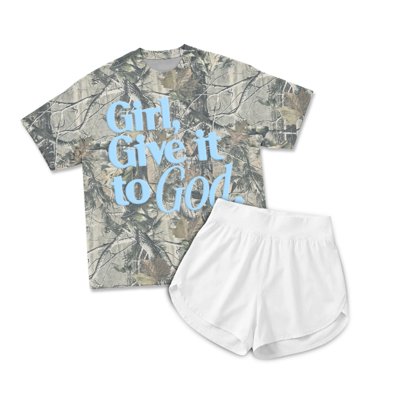 Casual Camo Girl Give It To God Print T-Shirt & Short Two Piece Set - White - 2XL - image 3