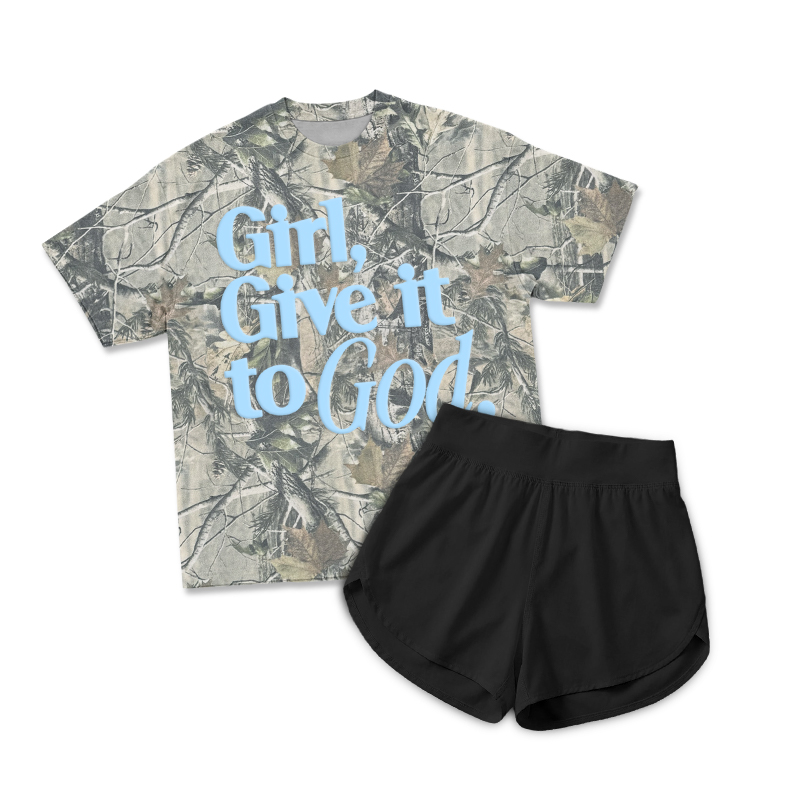 Casual Camo Girl Give It To God Print T-Shirt & Short Two Piece Set - Black - 2XL - image 5