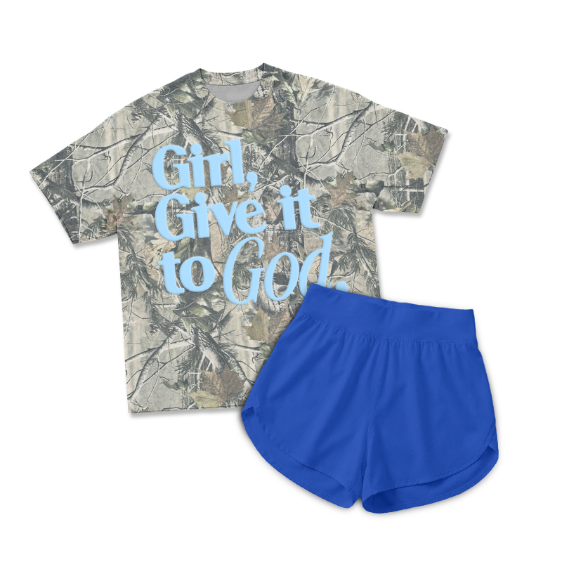 Casual Camo Girl Give It To God Print T-Shirt & Short Two Piece Set - Navy Blue - 2XL - image 2