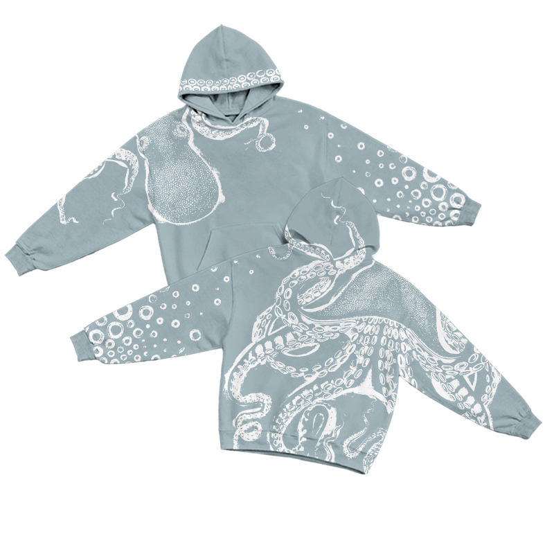 American Vintage Octopus Line Art Graphic Bleach Print Casual Hoodie - Light Blue - US32-34(5XL) - image 1