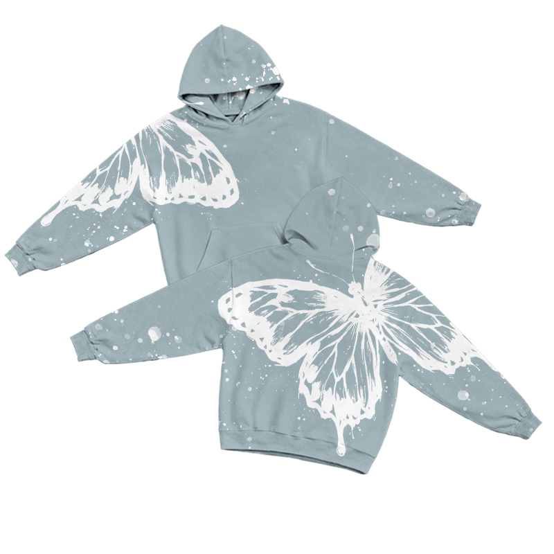 Grunge Butterfly Paint Splatter Bleach Print Hoodie - Light Blue - US32-34(5XL) - image 1