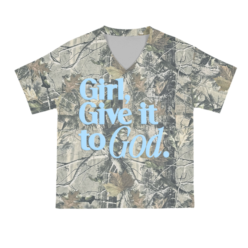 Casual Camo Girl Give It To God Print Short Sleeved V-Neck T-Shirt - Green - US32-34(5XL) - image 1