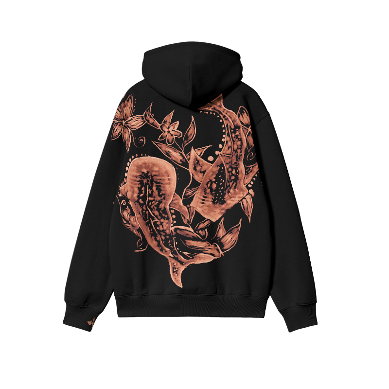Vintage Twin Koi Back Graphic Print Casual Hoodie - Black - US32-34(5XL) - image 1
