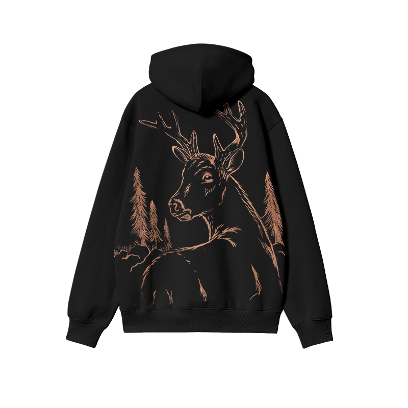 Western Woodland Deer Long Sleeve Back Print Hoodie - Black - US32-34(5XL) - image 1
