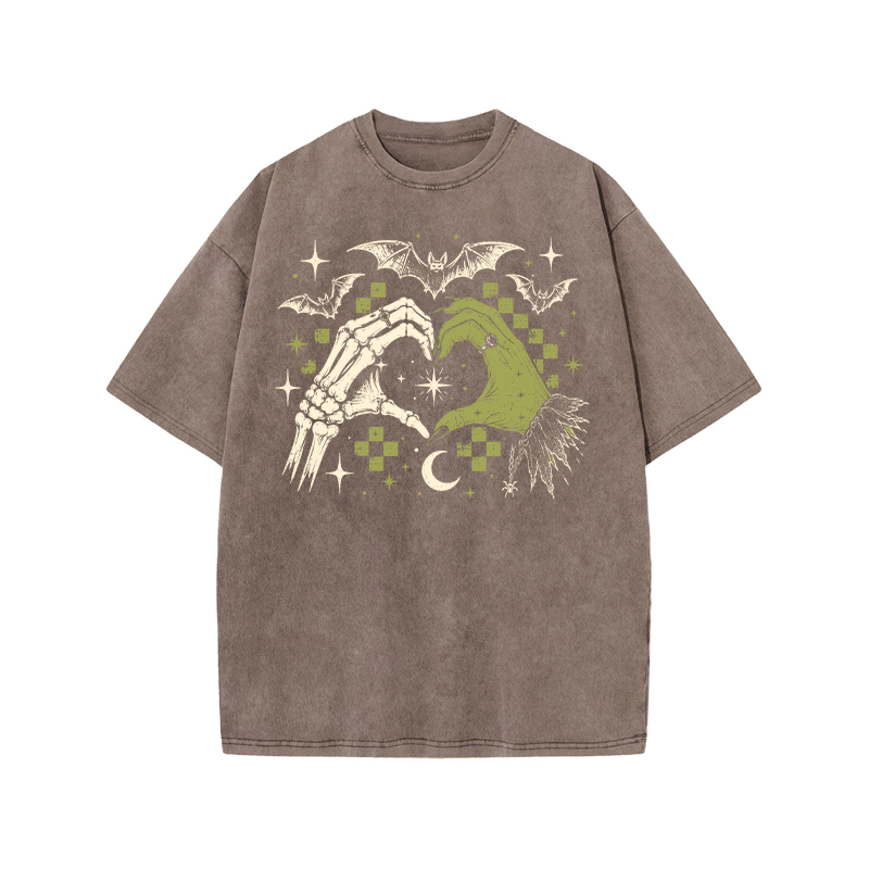 Gothic Heart Hands Graphic Print Acid Washed T-Shirt - Coffee - US20-22(3XL) - image 2