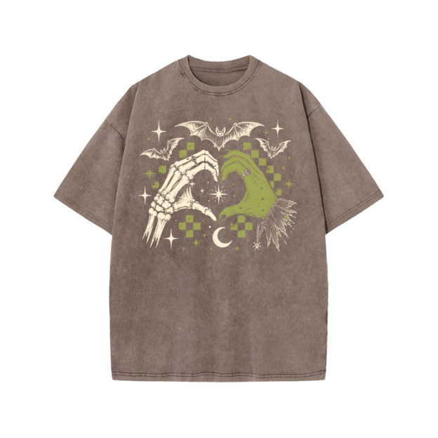 Gothic Heart Hands Graphic Print Acid Washed T-Shirt - Coffee - US20-22(3XL) - image 2