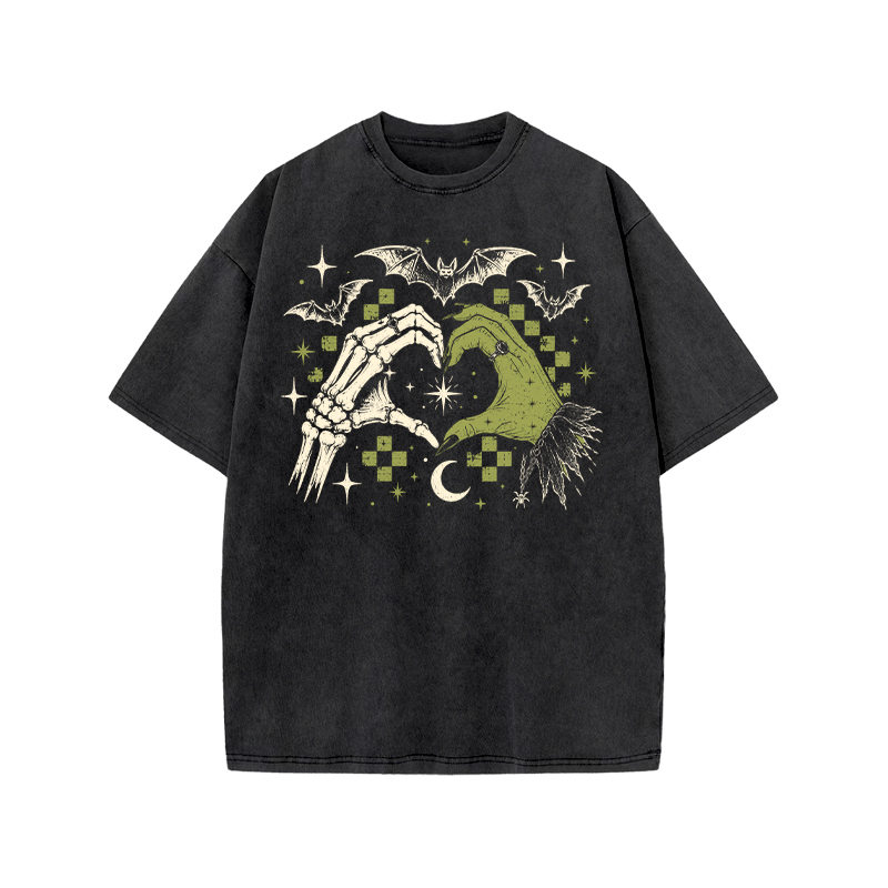 Gothic Heart Hands Graphic Print Acid Washed T-Shirt - Black - US20-22(3XL) - image 1