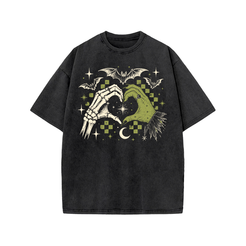 Gothic Heart Hands Graphic Print Acid Washed T-Shirt - Black - US20-22(3XL) - image 1