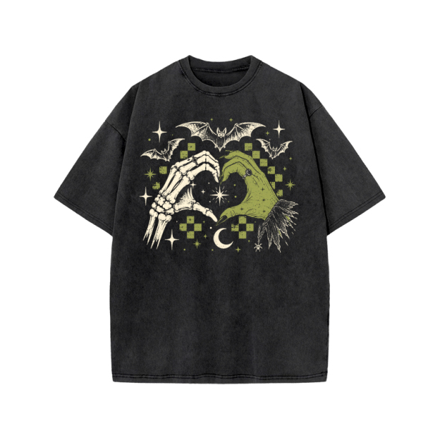 Gothic Heart Hands Graphic Print Acid Washed T-Shirt - Black - US20-22(3XL) - image 1