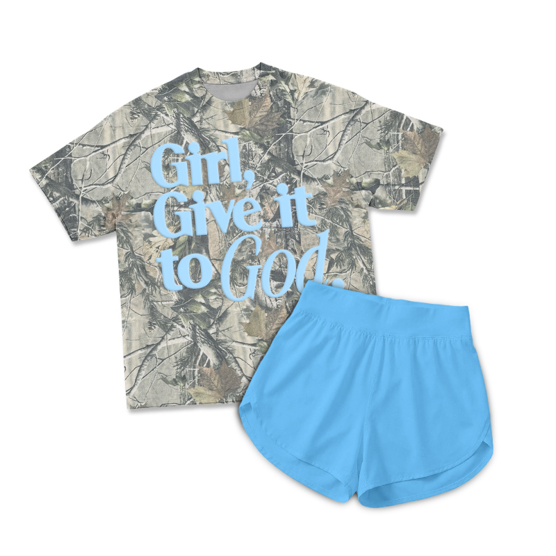 Casual Camo Girl Give It To God Print T-Shirt & Short Two Piece Set - Light Blue - 2XL - image 1
