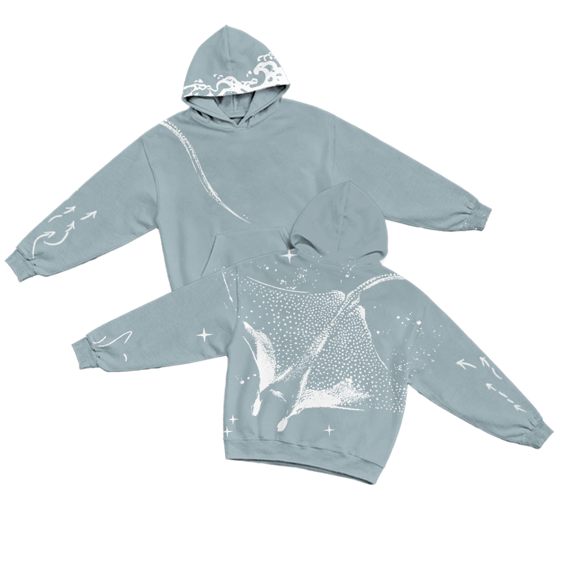 Outdoor Sea Ocean Manta Ray Bleach Print Long Sleeve Casual Hoodie - Light Blue - US32-34(5XL) - image 1