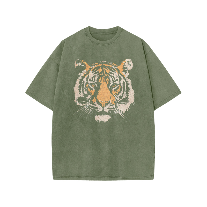 Vintage Tiger Head Round Neck Graphic Print Acid Washed T-Shirt - Army Green - US20-22(3XL) - image 2