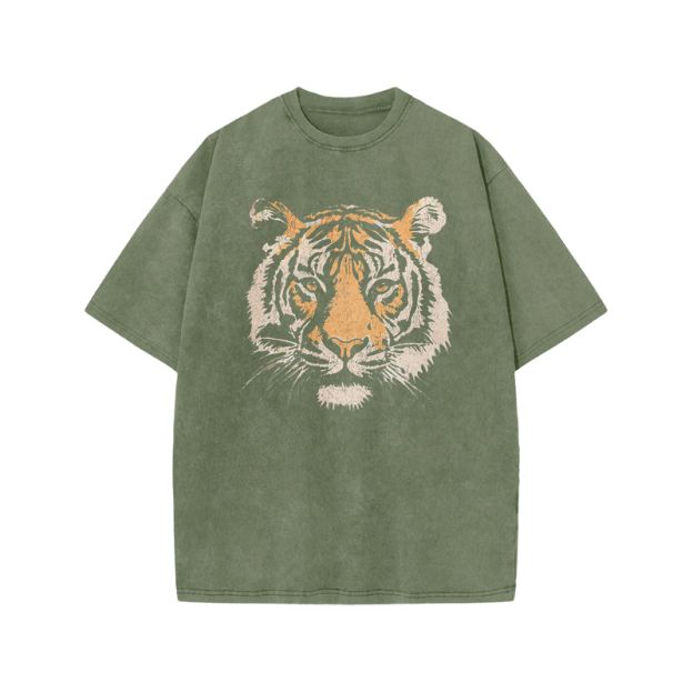 Vintage Tiger Head Round Neck Graphic Print Acid Washed T-Shirt - Army Green - US20-22(3XL) - image 2
