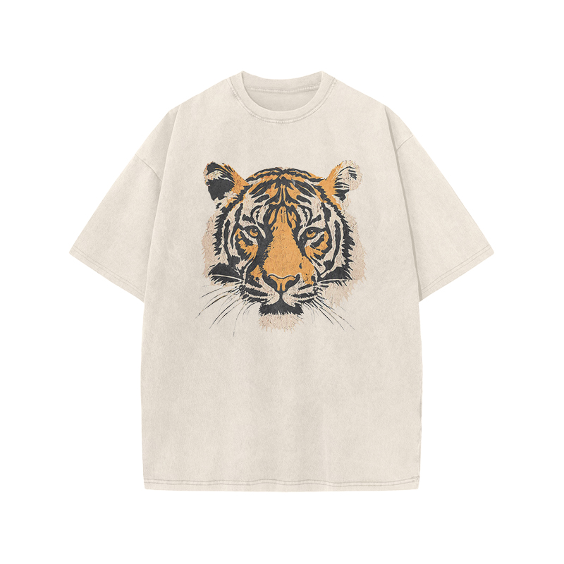 Vintage Tiger Head Round Neck Graphic Print Acid Washed T-Shirt - Beige - US20-22(3XL) - image 1