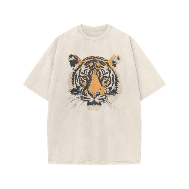 Vintage Tiger Head Round Neck Graphic Print Acid Washed T-Shirt - Beige - US20-22(3XL) - image 1