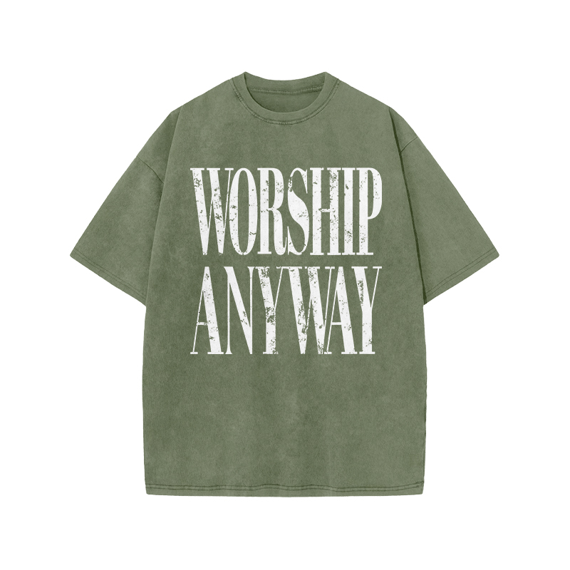 Vintage Worship Anyway Graphic Print Acid Washed T-Shirt - Army Green - US20-22(3XL) - image 2
