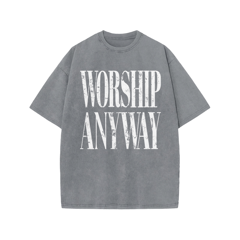 Vintage Worship Anyway Graphic Print Acid Washed T-Shirt - Grey - US20-22(3XL) - image 1