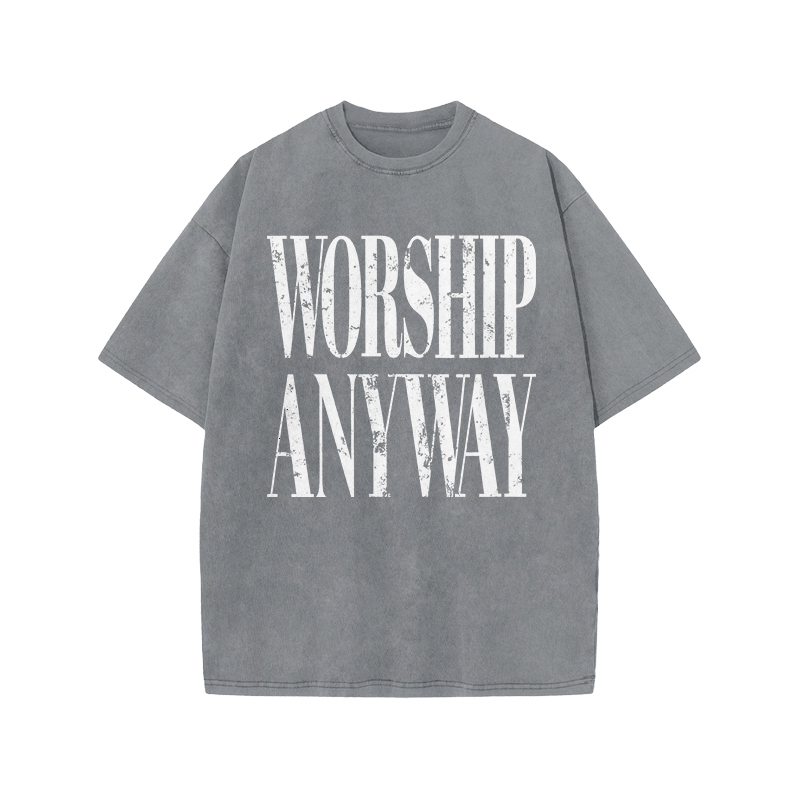 Vintage Worship Anyway Graphic Print Acid Washed T-Shirt - Grey - US20-22(3XL) - image 1