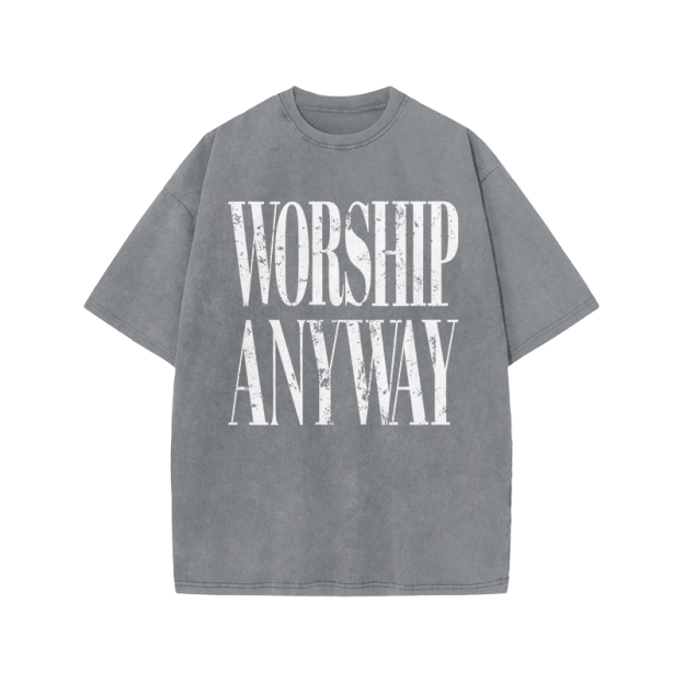 Vintage Worship Anyway Graphic Print Acid Washed T-Shirt - Grey - US20-22(3XL) - image 1