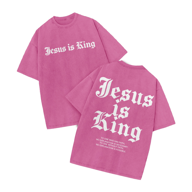 Streetwear Jesus Is King Graphic Print Acid Washed T-Shirt - Pink - US20-22(3XL) - image 2