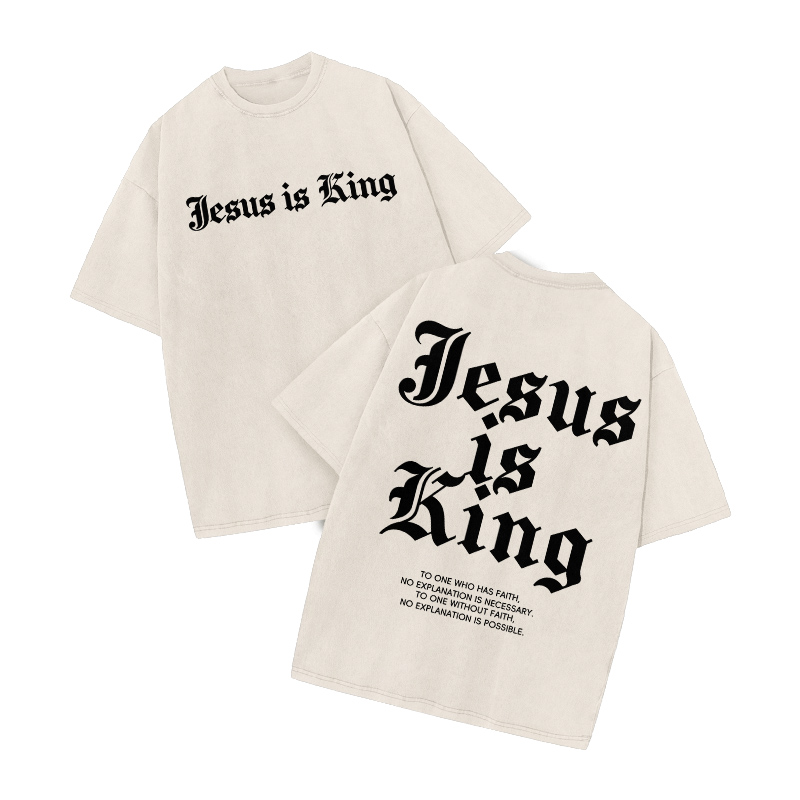 Streetwear Jesus Is King Graphic Print Acid Washed T-Shirt - Beige - US20-22(3XL) - image 1