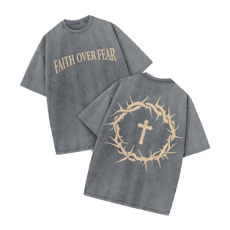 Streetwear Faith Over Fear Graphic Print Acid Washed T-Shirt - Grey - US20-22(3XL) - image 3
