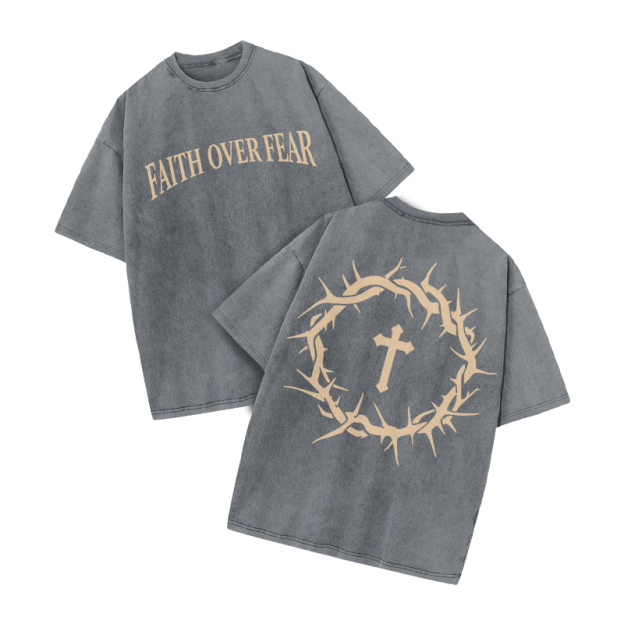 Streetwear Faith Over Fear Graphic Print Acid Washed T-Shirt - Grey - US20-22(3XL) - image 3