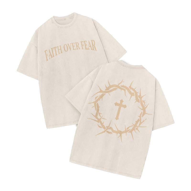 Streetwear Faith Over Fear Graphic Print Acid Washed T-Shirt - Beige - US20-22(3XL) - image 2