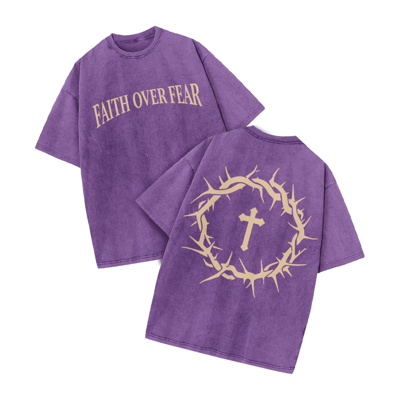 Streetwear Faith Over Fear Graphic Print Acid Washed T-Shirt - Purple - US20-22(3XL) - image 6