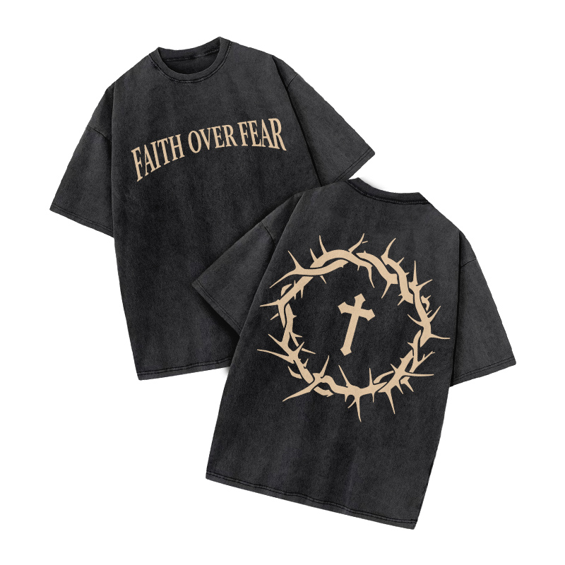 Streetwear Faith Over Fear Graphic Print Acid Washed T-Shirt - Black - US20-22(3XL) - image 1