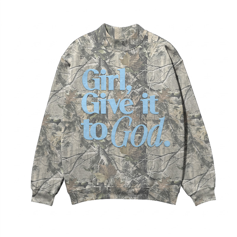 Casual Camo Girl Give It to God Mock Neck Print Sweatshirt - Khaki - 3XL - image 1