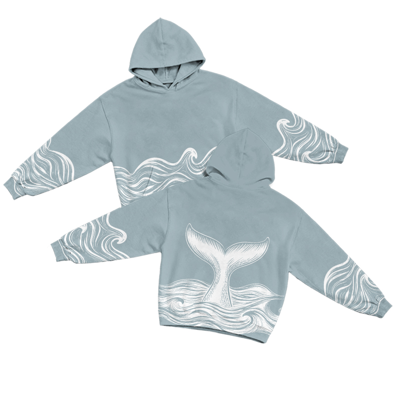 Streetwear Whale Tail Bleach Print Hoodie - Light Blue - US32-34(5XL) - image 1