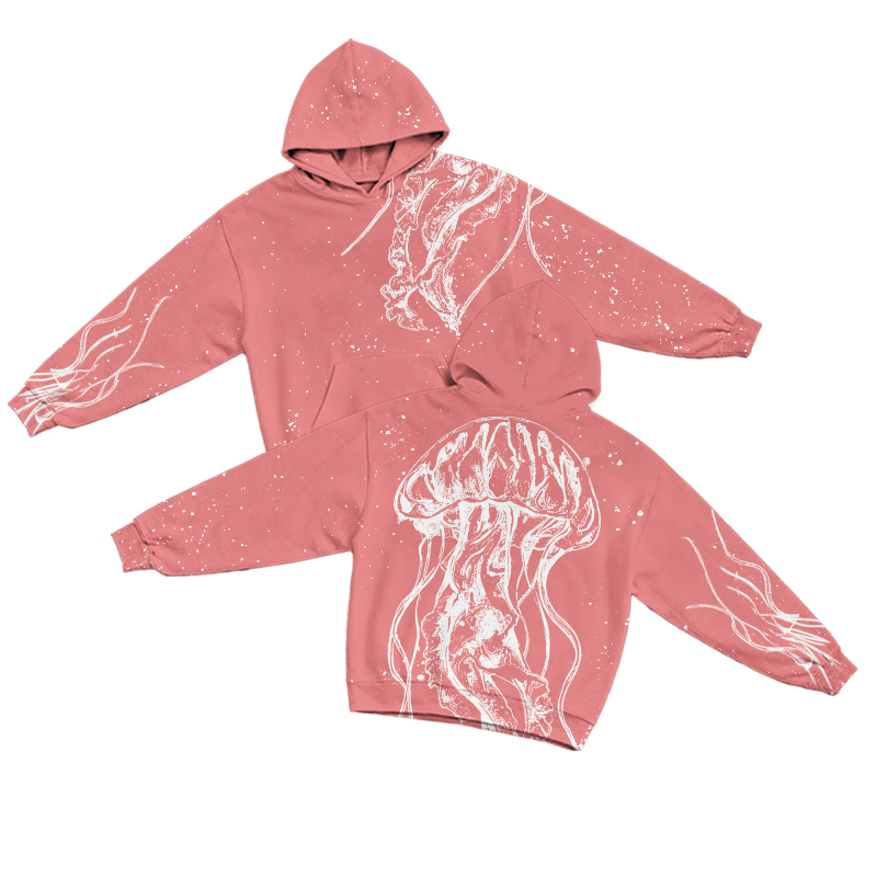 Ocean Jellyfish Bleach Print Long Sleeve Print Casual Hoodie - Red - US32-34(5XL) - image 1