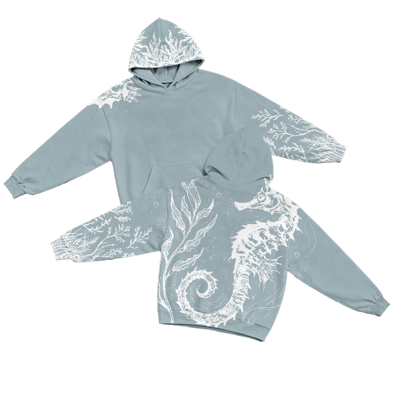 Streetwear Seahorse Graphic Bleach Print Long Sleeve Hoodie - Light Blue - US32-34(5XL) - image 1