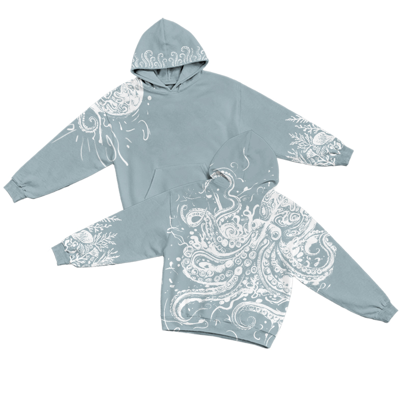 Streetwear Octopus Bleach Print Long Sleeve Hoodie - Light Blue - US32-34(5XL) - image 1