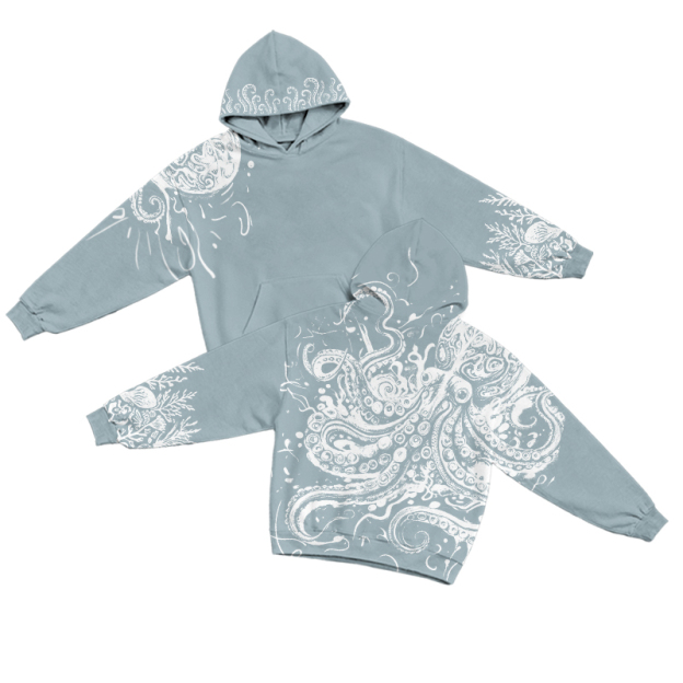 Streetwear Octopus Bleach Print Long Sleeve Hoodie - Light Blue - US32-34(5XL) - image 1