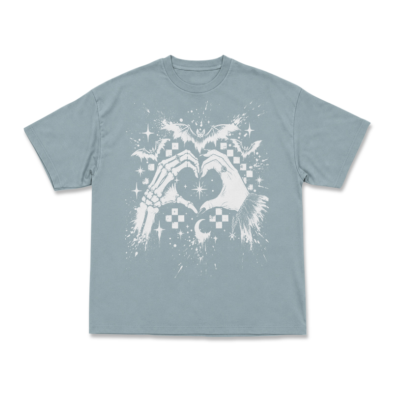 Gothic Skull Hand Heart Bleach Print Round Neck T-Shirt - Light Blue - 3XL - image 1