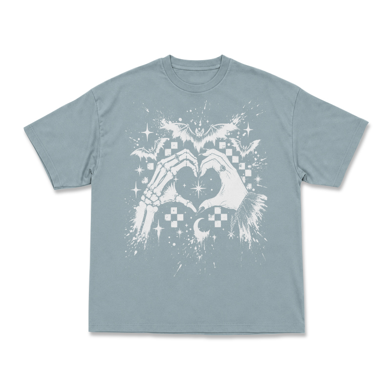 Gothic Skull Hand Heart Bleach Print Round Neck T-Shirt - Light Blue - 3XL - image 1