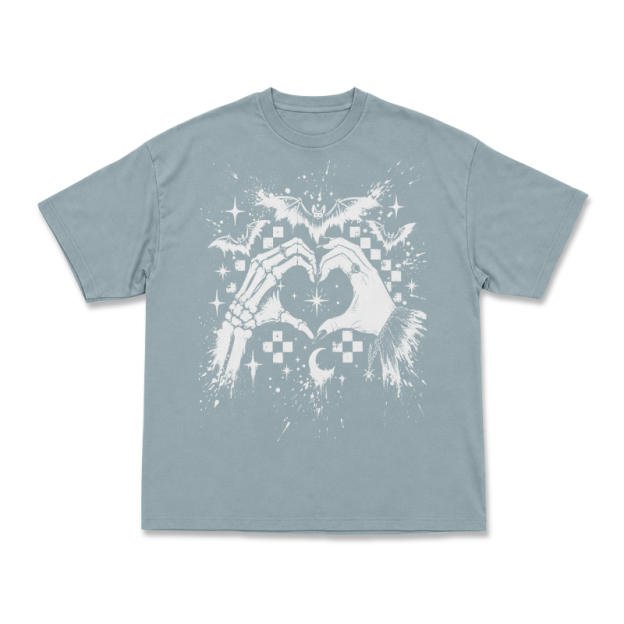 Gothic Skull Hand Heart Bleach Print Round Neck T-Shirt - Light Blue - 3XL - image 1