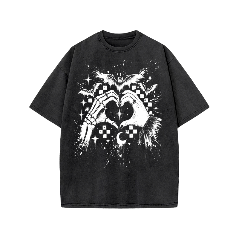 Gothic Heart Hands Round Neck Graphic Print Acid Washed T-Shirt - Black - US20-22(3XL) - image 2