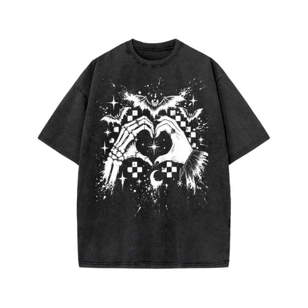 Gothic Heart Hands Round Neck Graphic Print Acid Washed T-Shirt - Black - US20-22(3XL) - image 2